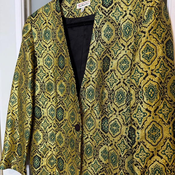 Talbots Brocade Blazer Gold Green Metallic Single Button Jacket Size 12 - Picture 2 of 6